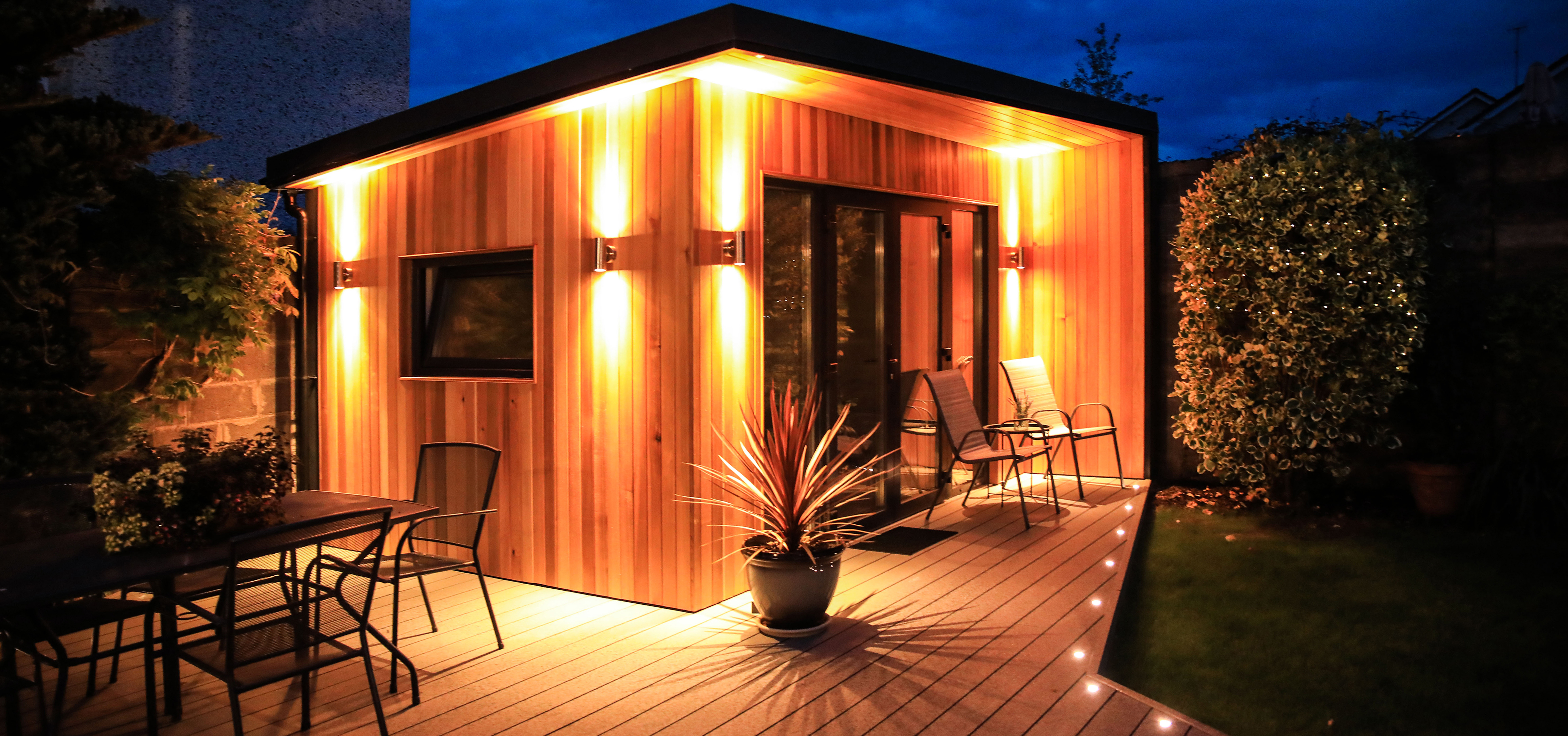 Garden Office Pod Illuminated in night